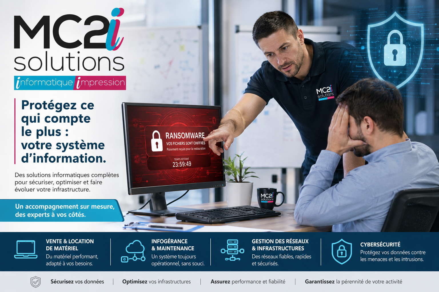 Technicien informatique MC2I Solutions travaillant sur un problème de cybersécurité